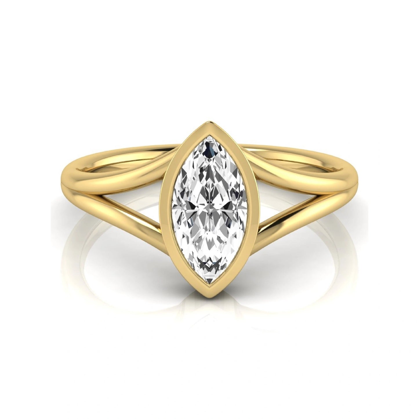 Marquise cut lab grown diamond engagement ring featuring a 1.62 carat center diamond in a modern bezel setting with an elegant split shank and polished yellow gold finish.