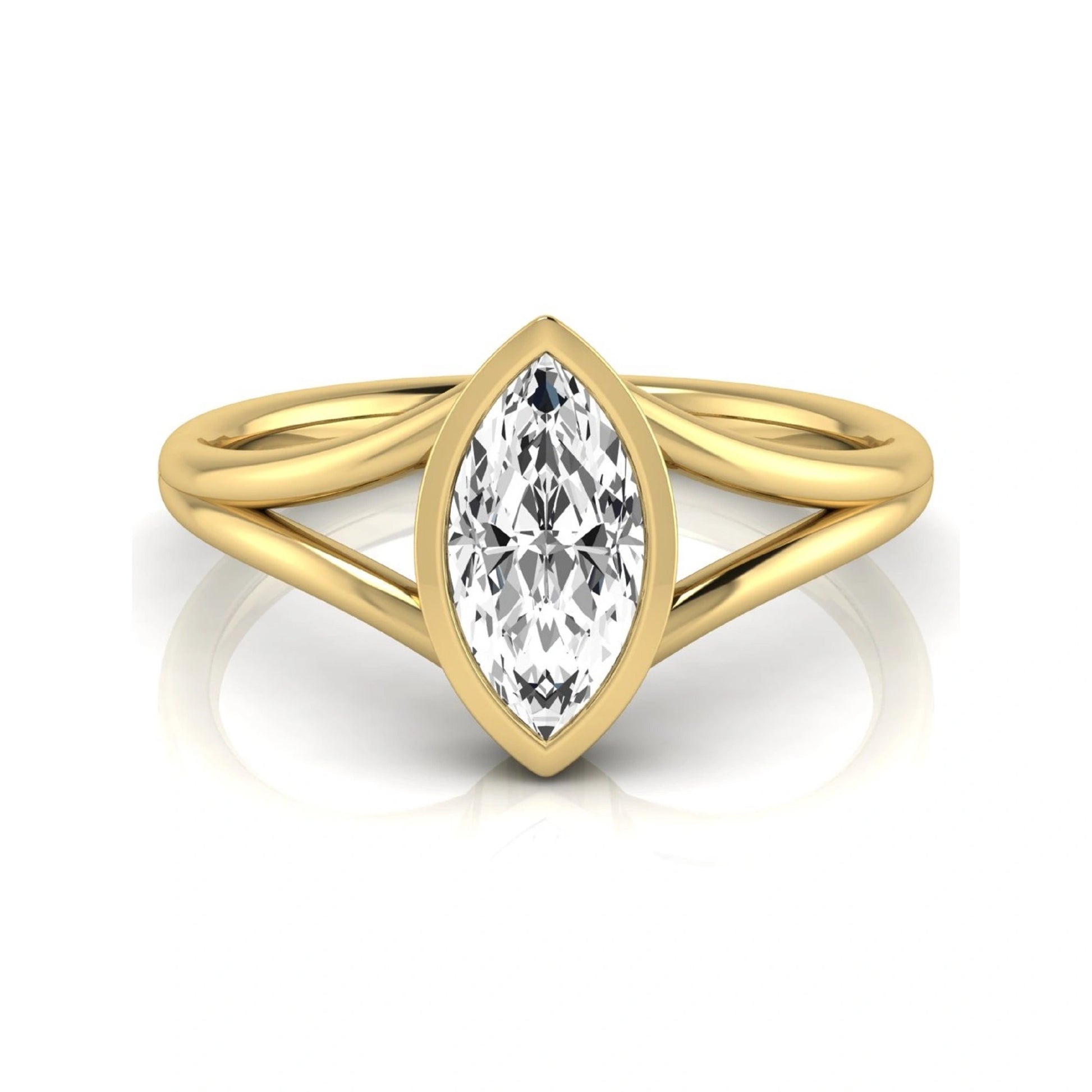 Marquise cut lab grown diamond engagement ring featuring a 1.62 carat center diamond in a modern bezel setting with an elegant split shank and polished yellow gold finish.