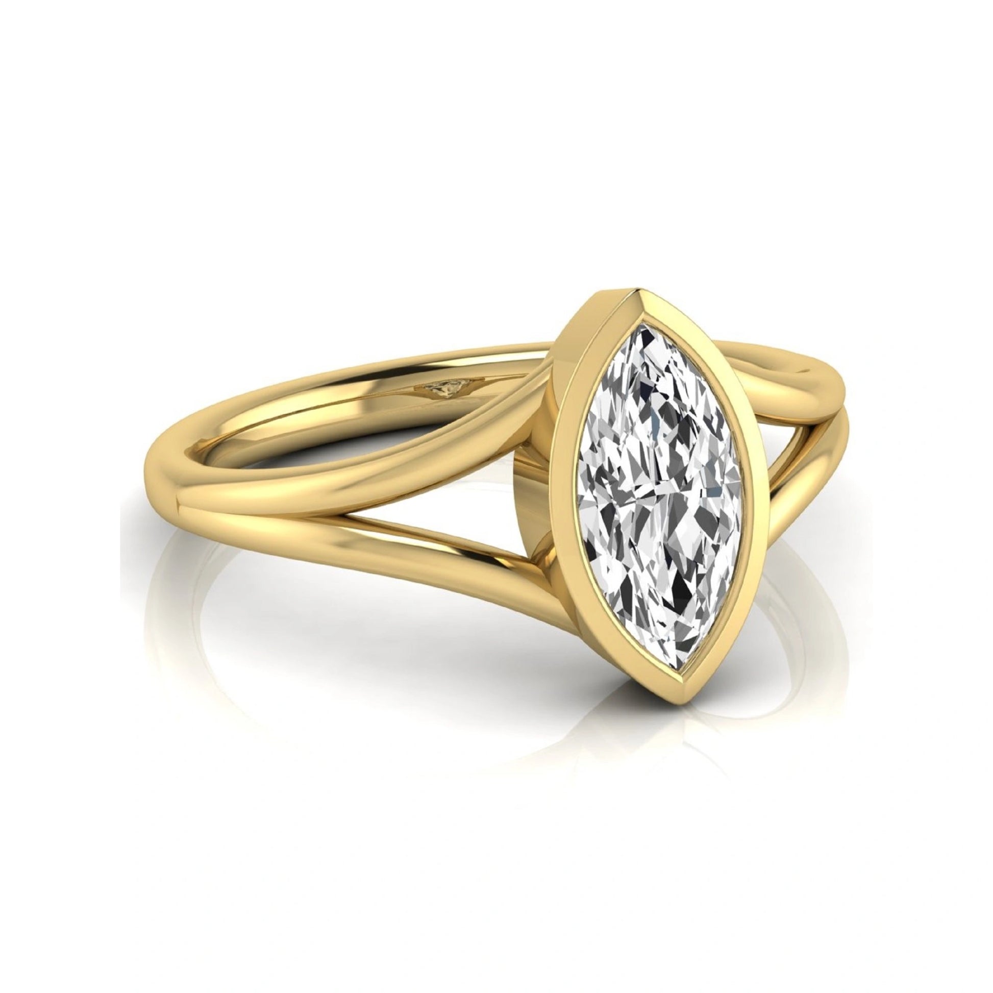 Marquise cut lab grown diamond engagement ring featuring a 1.62 carat center diamond in a modern bezel setting with an elegant split shank and polished yellow gold finish.