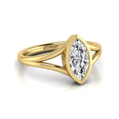 Marquise cut lab grown diamond engagement ring featuring a 1.62 carat center diamond in a modern bezel setting with an elegant split shank and polished yellow gold finish.