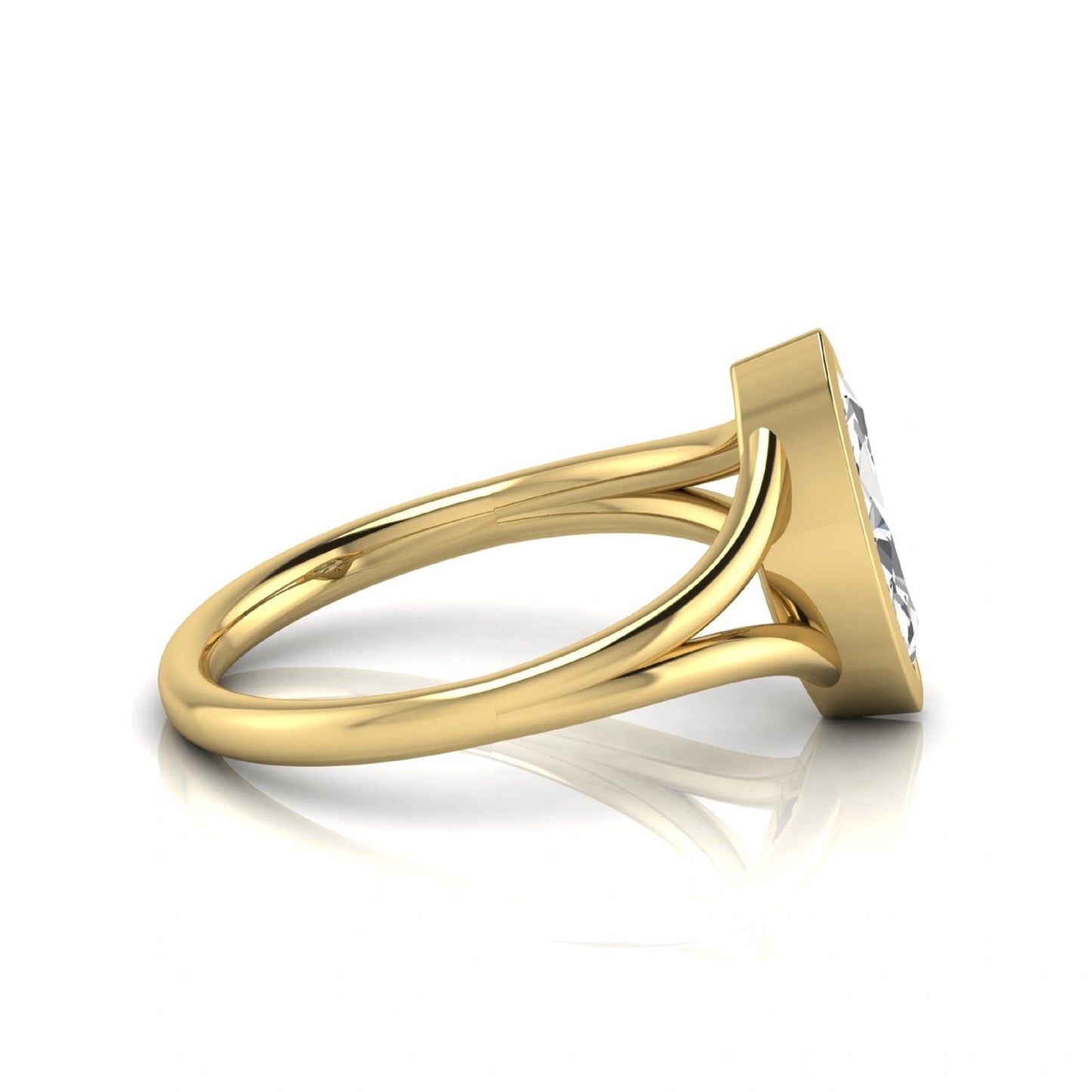 Marquise cut lab grown diamond engagement ring featuring a 1.62 carat center diamond in a modern bezel setting with an elegant split shank and polished yellow gold finish.