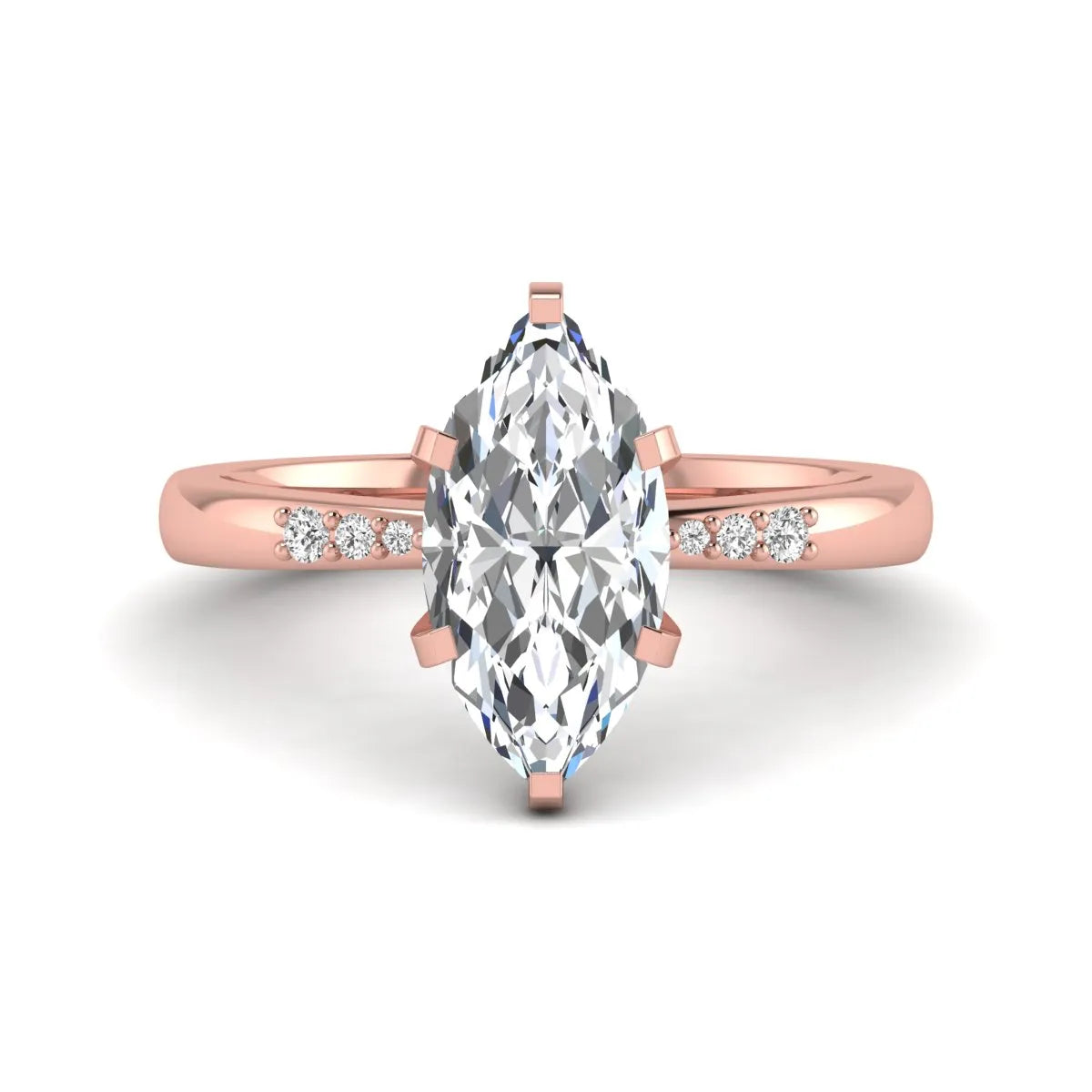 Marquise cut lab grown diamond accent engagement ring featuring a 2.48 carat IGI certified center diamond with round diamond shoulder accents in rose gold.