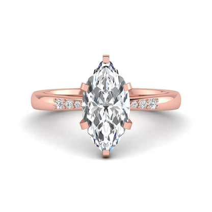 Marquise cut lab grown diamond accent engagement ring featuring a 2.48 carat IGI certified center diamond with round diamond shoulder accents in rose gold.