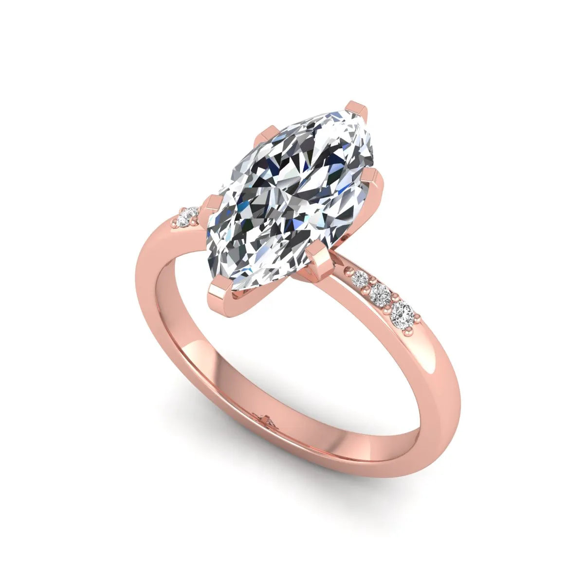 Marquise cut lab grown diamond accent engagement ring featuring a 2.48 carat IGI certified center diamond with round diamond shoulder accents in rose gold.
