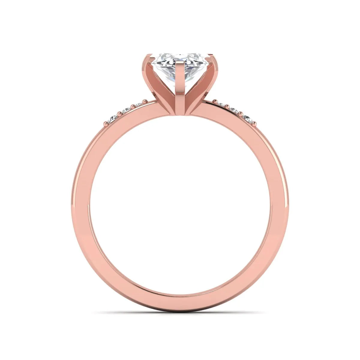 Marquise cut lab grown diamond accent engagement ring featuring a 2.48 carat IGI certified center diamond with round diamond shoulder accents in rose gold.
