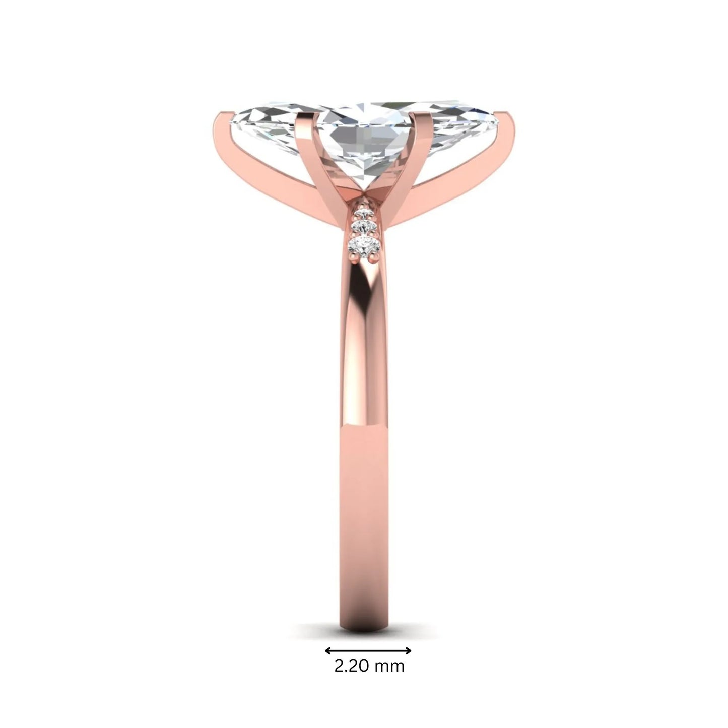 Marquise cut lab grown diamond accent engagement ring featuring a 2.48 carat IGI certified center diamond with round diamond shoulder accents in rose gold.