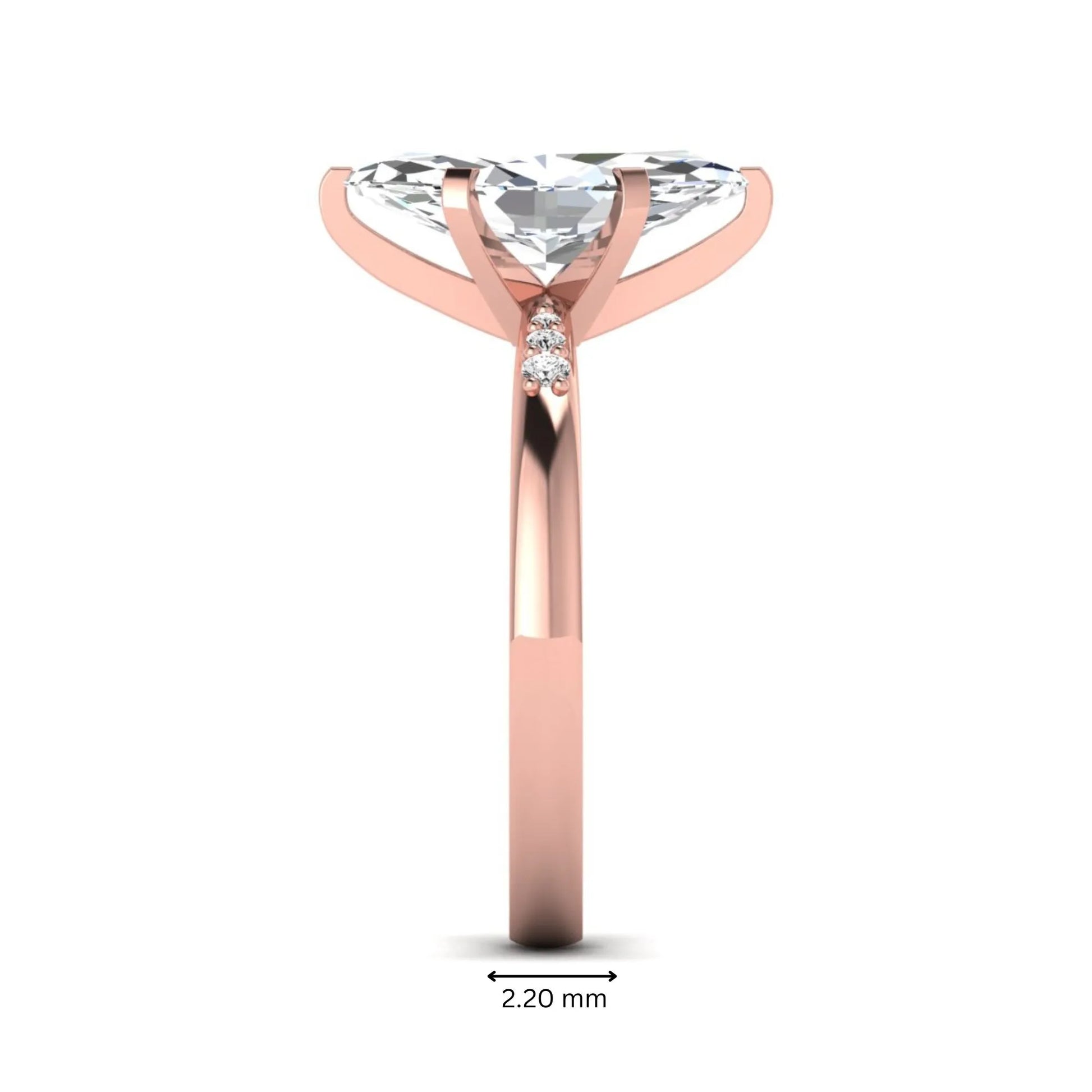Marquise cut lab grown diamond accent engagement ring featuring a 2.48 carat IGI certified center diamond with round diamond shoulder accents in rose gold.