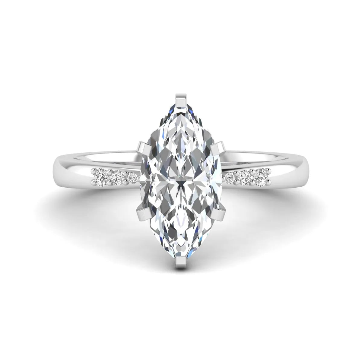 Marquise cut lab grown diamond accent engagement ring featuring a 2.48 carat IGI certified center diamond with round diamond shoulder accents in white gold.