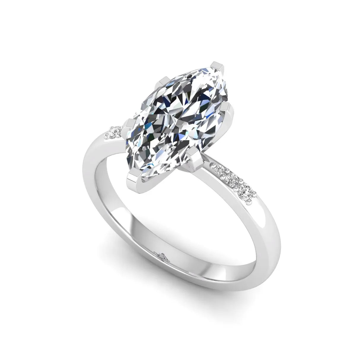 Marquise cut lab grown diamond accent engagement ring featuring a 2.48 carat IGI certified center diamond with round diamond shoulder accents in white gold.