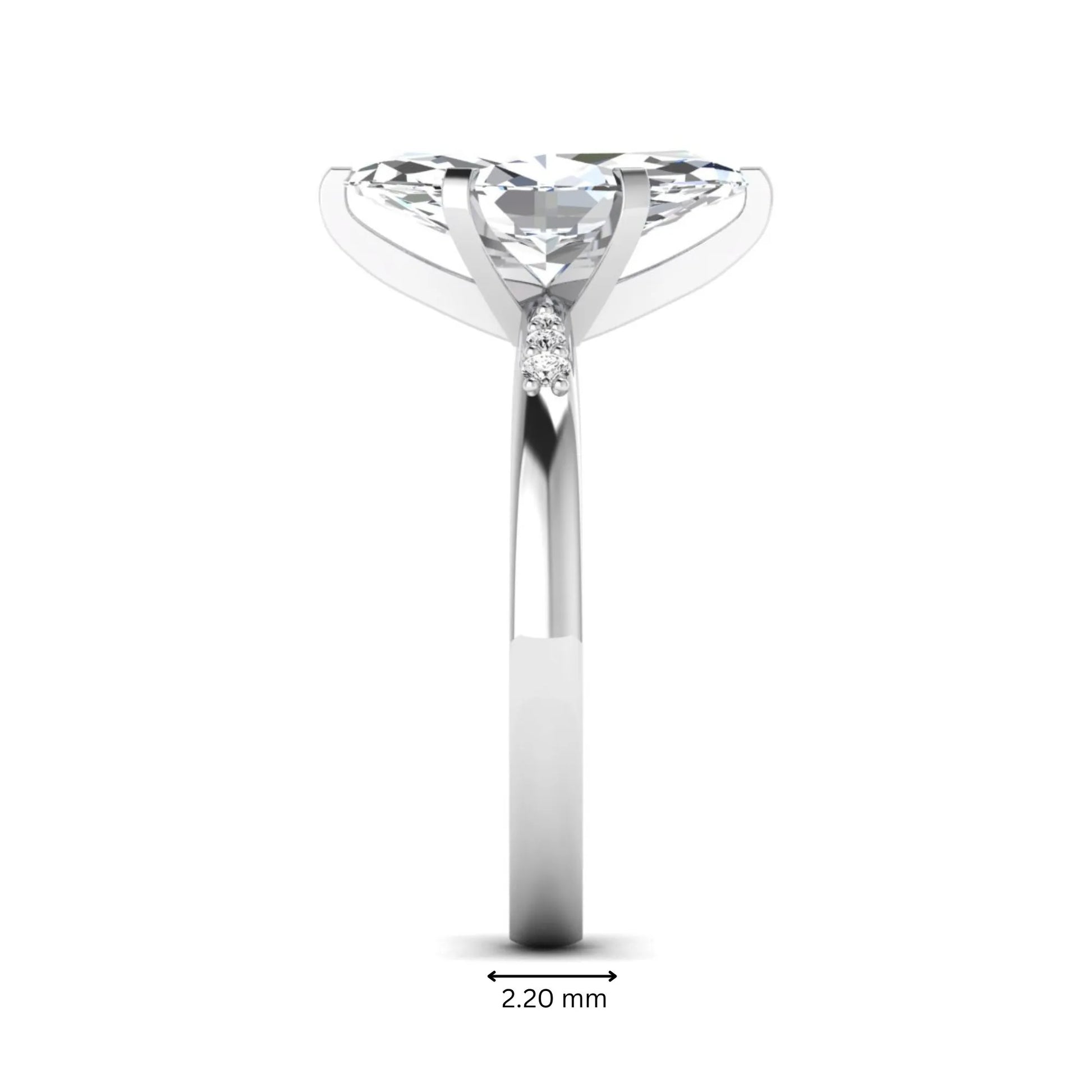 Marquise cut lab grown diamond accent engagement ring featuring a 2.48 carat IGI certified center diamond with round diamond shoulder accents in white gold.