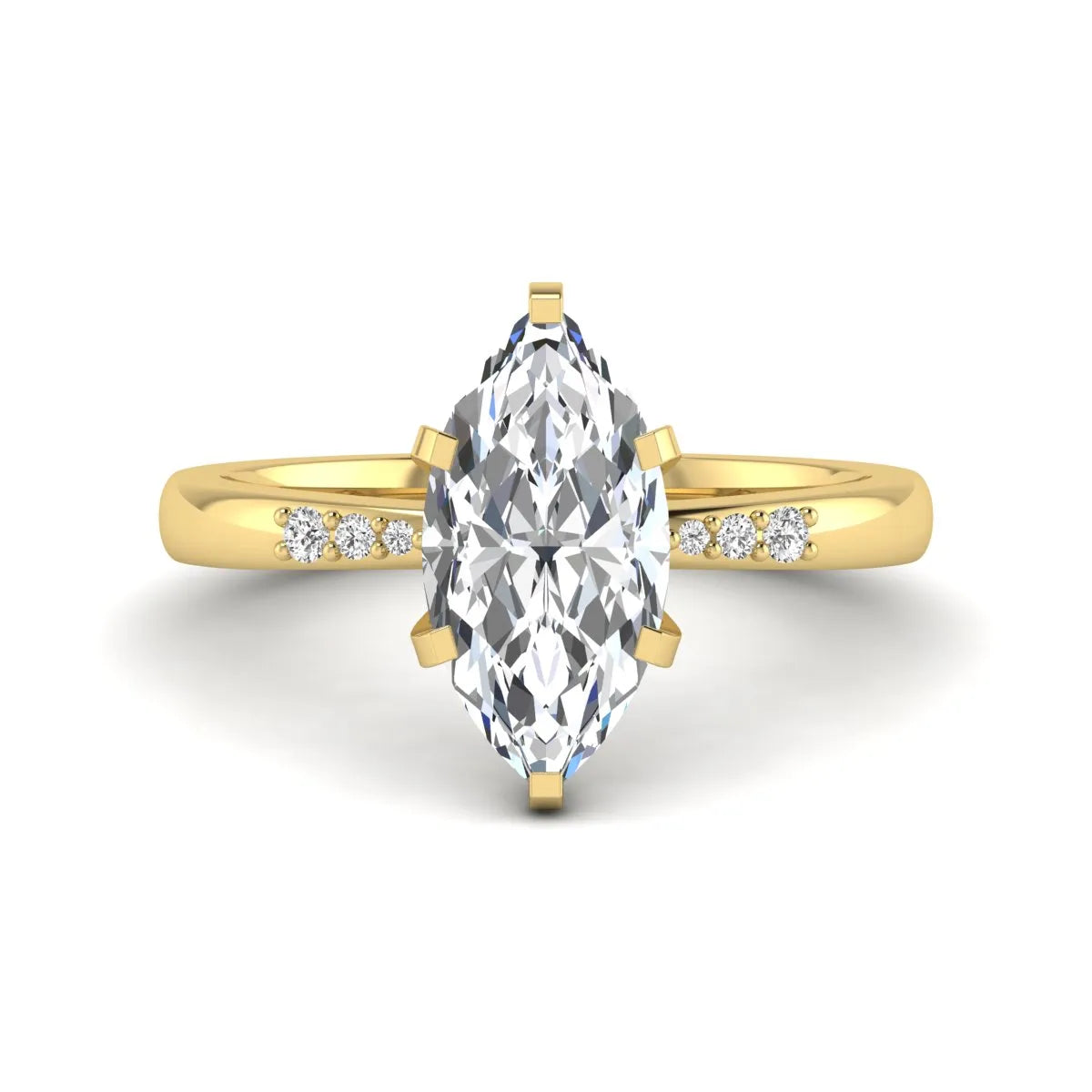Marquise cut lab grown diamond accent engagement ring featuring a 2.48 carat IGI certified center diamond with round diamond shoulder accents in yellow gold.