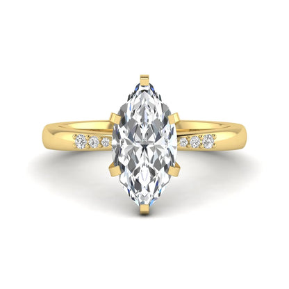 Marquise cut lab grown diamond accent engagement ring featuring a 2.48 carat IGI certified center diamond with round diamond shoulder accents in yellow gold.
