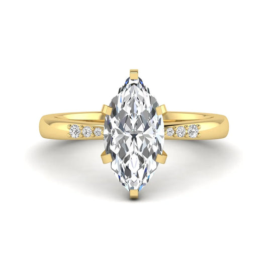Marquise cut lab grown diamond accent engagement ring featuring a 2.48 carat IGI certified center diamond with round diamond shoulder accents in yellow gold.