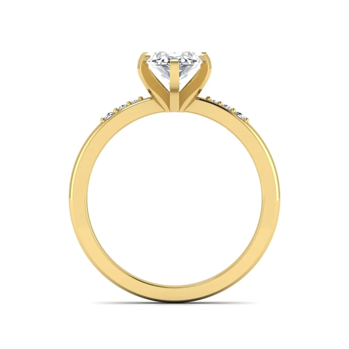 Marquise cut lab grown diamond accent engagement ring featuring a 2.48 carat IGI certified center diamond with round diamond shoulder accents in yellow gold.