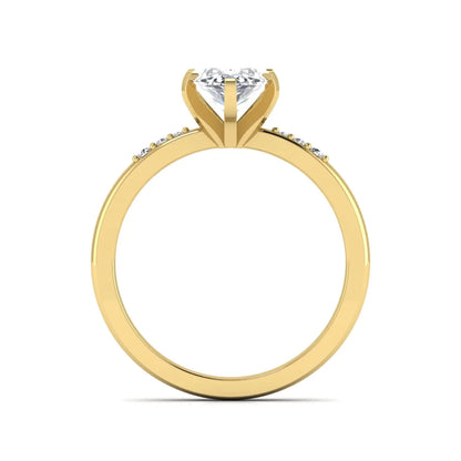 Marquise cut lab grown diamond accent engagement ring featuring a 2.48 carat IGI certified center diamond with round diamond shoulder accents in yellow gold.