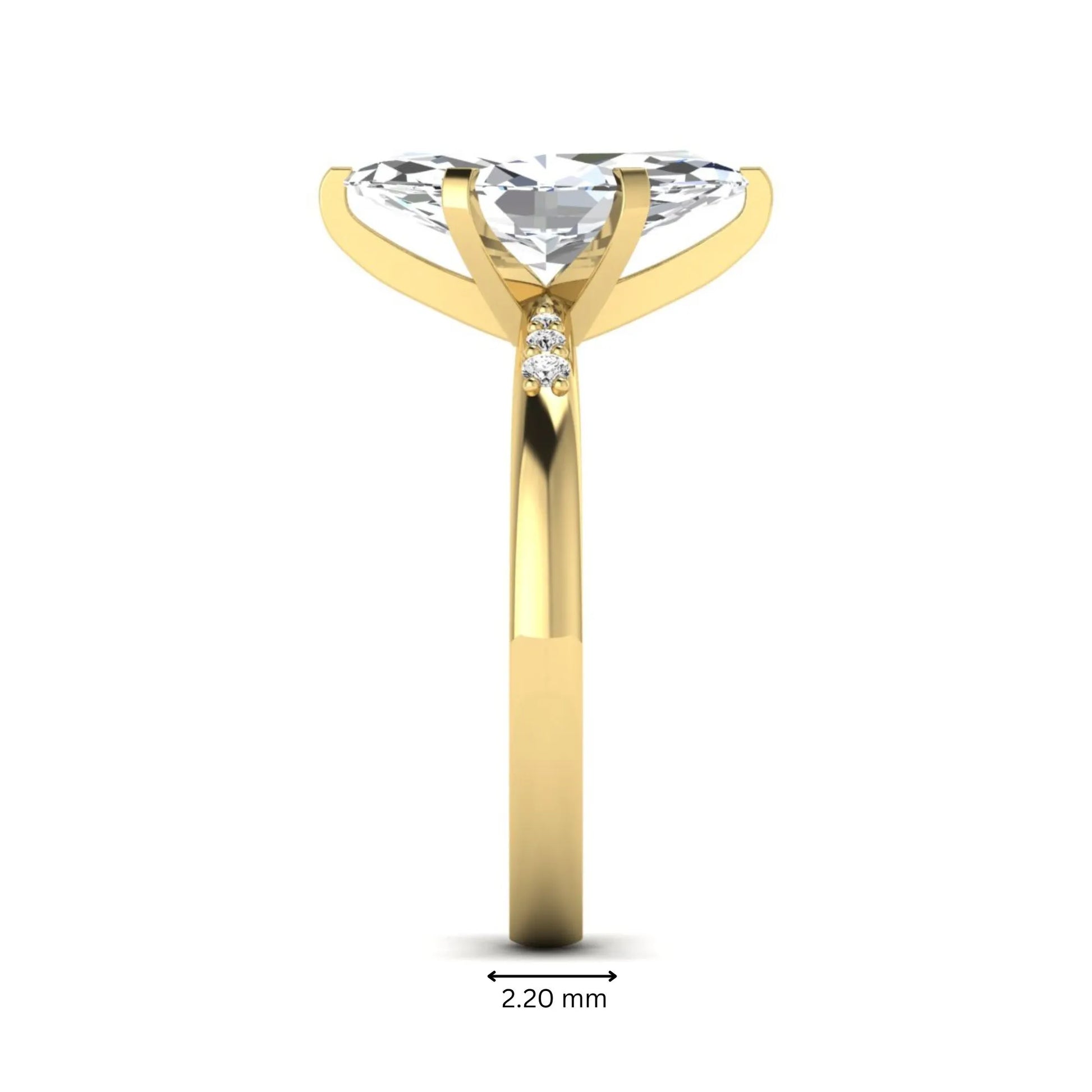 Marquise cut lab grown diamond accent engagement ring featuring a 2.48 carat IGI certified center diamond with round diamond shoulder accents in yellow gold.