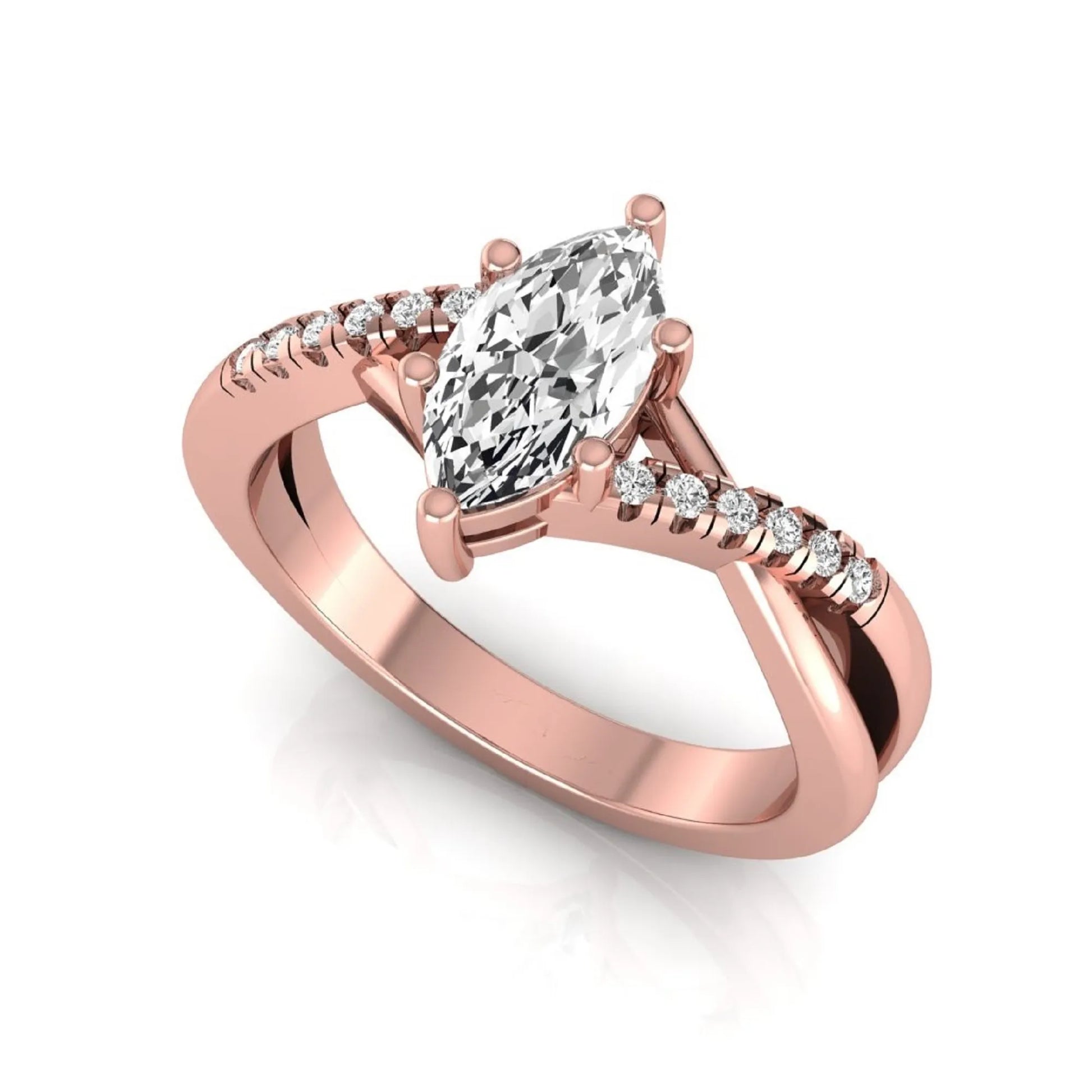 Marquise cut lab grown diamond bypass split shank engagement ring featuring a 0.95 carat IGI certified center diamond with pavé round side diamonds in rose gold.