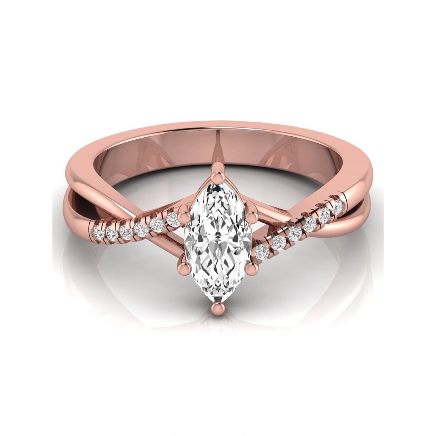 Marquise cut lab grown diamond bypass split shank engagement ring featuring a 0.95 carat IGI certified center diamond with pavé round side diamonds in rose gold.