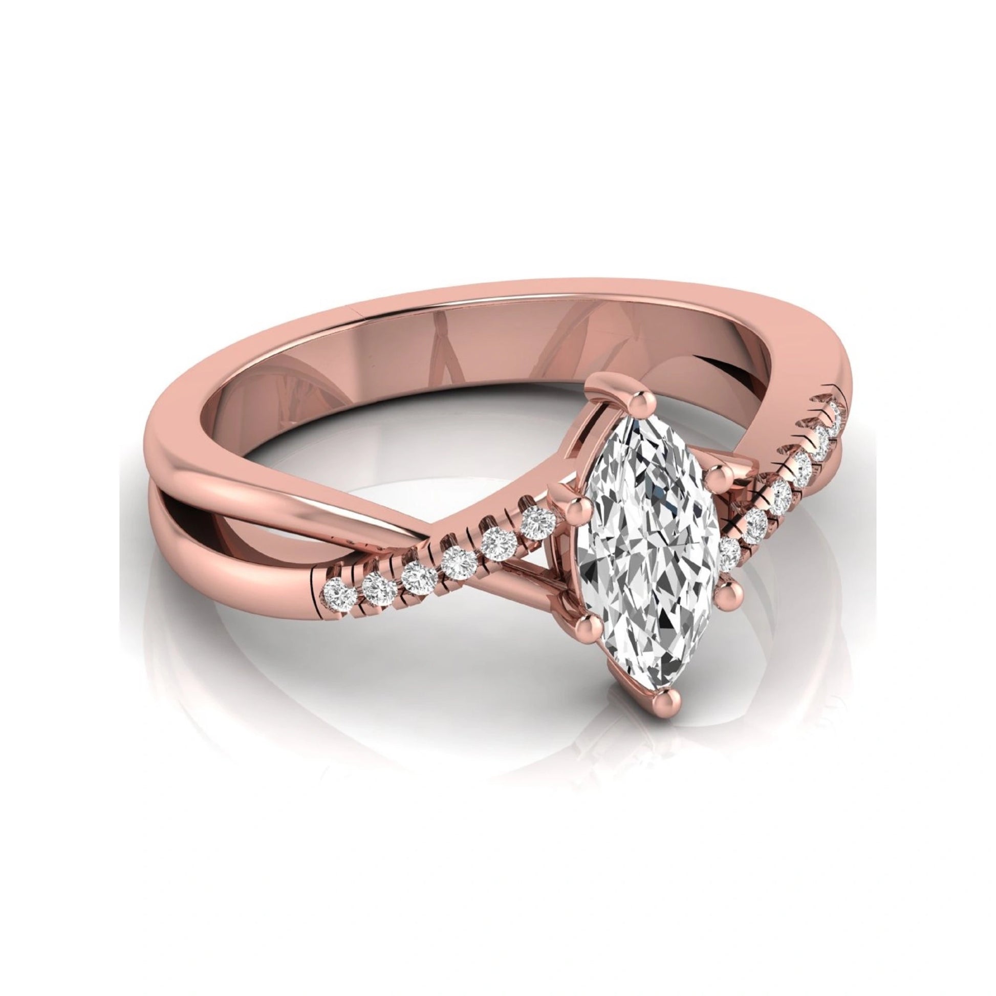 Marquise cut lab grown diamond bypass split shank engagement ring featuring a 0.95 carat IGI certified center diamond with pavé round side diamonds in rose gold.