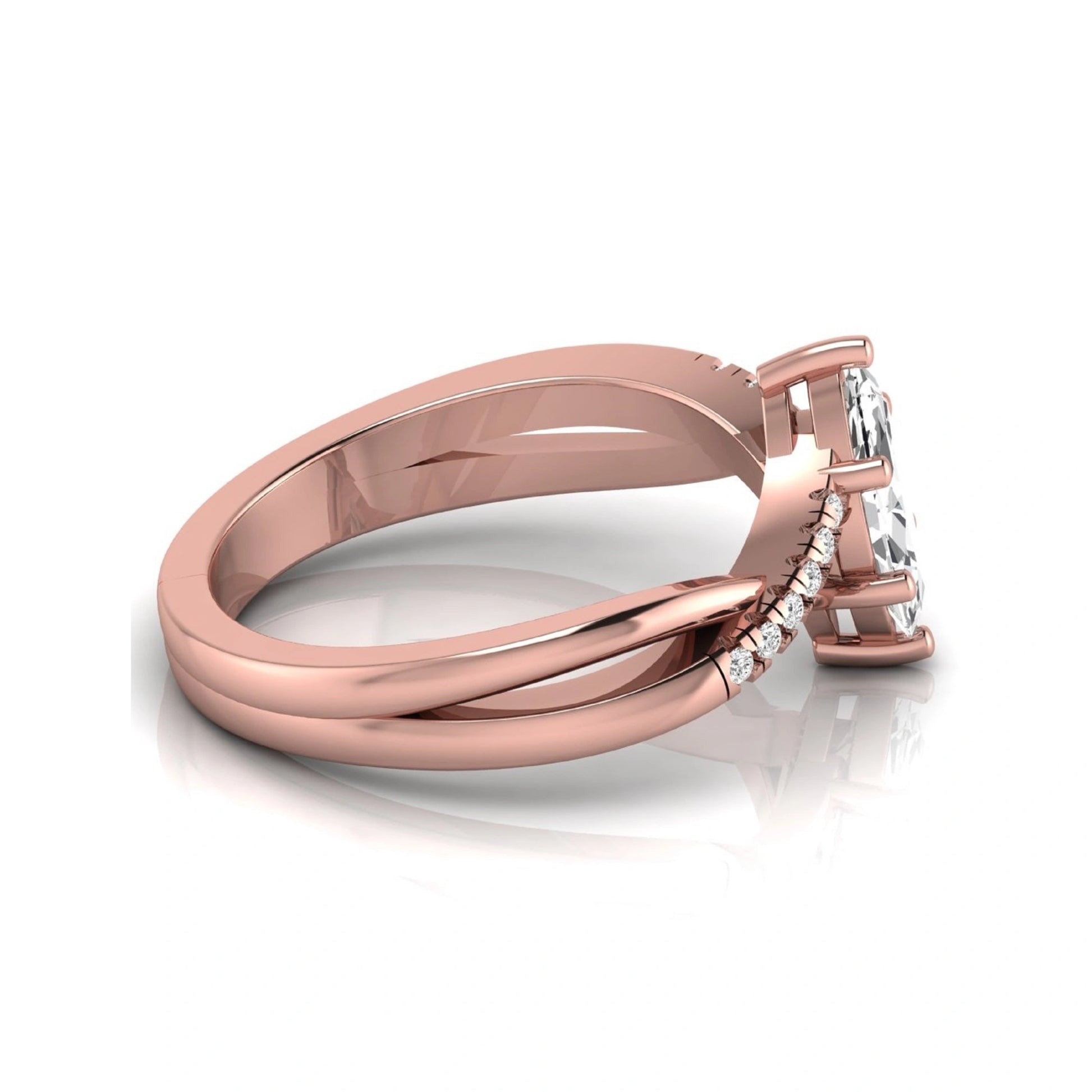 Marquise cut lab grown diamond bypass split shank engagement ring featuring a 0.95 carat IGI certified center diamond with pavé round side diamonds in rose gold.