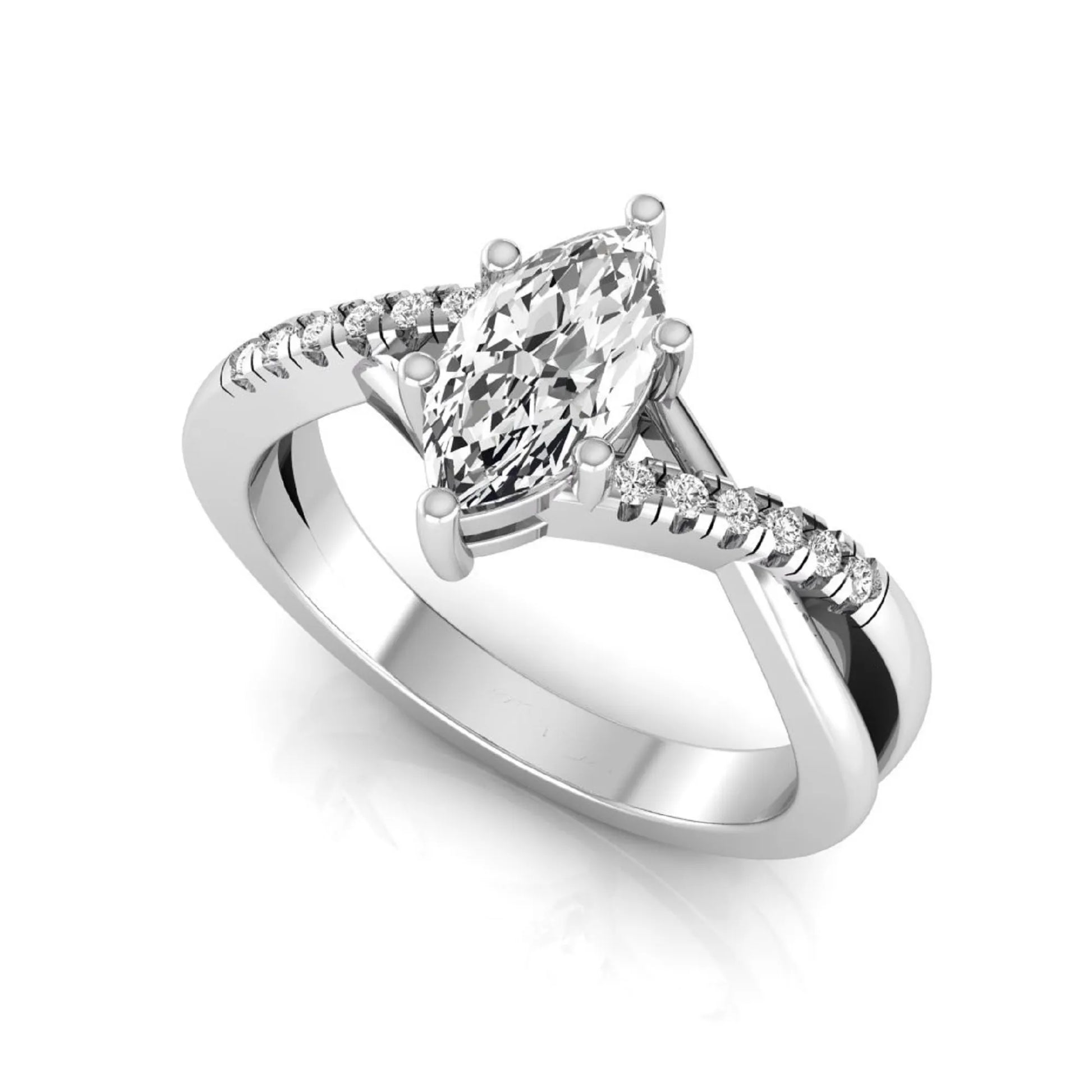 Marquise cut lab grown diamond bypass split shank engagement ring featuring a 0.95 carat IGI certified center diamond with pavé round side diamonds in white gold.