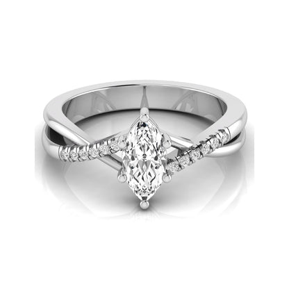 Marquise cut lab grown diamond bypass split shank engagement ring featuring a 0.95 carat IGI certified center diamond with pavé round side diamonds in white gold.