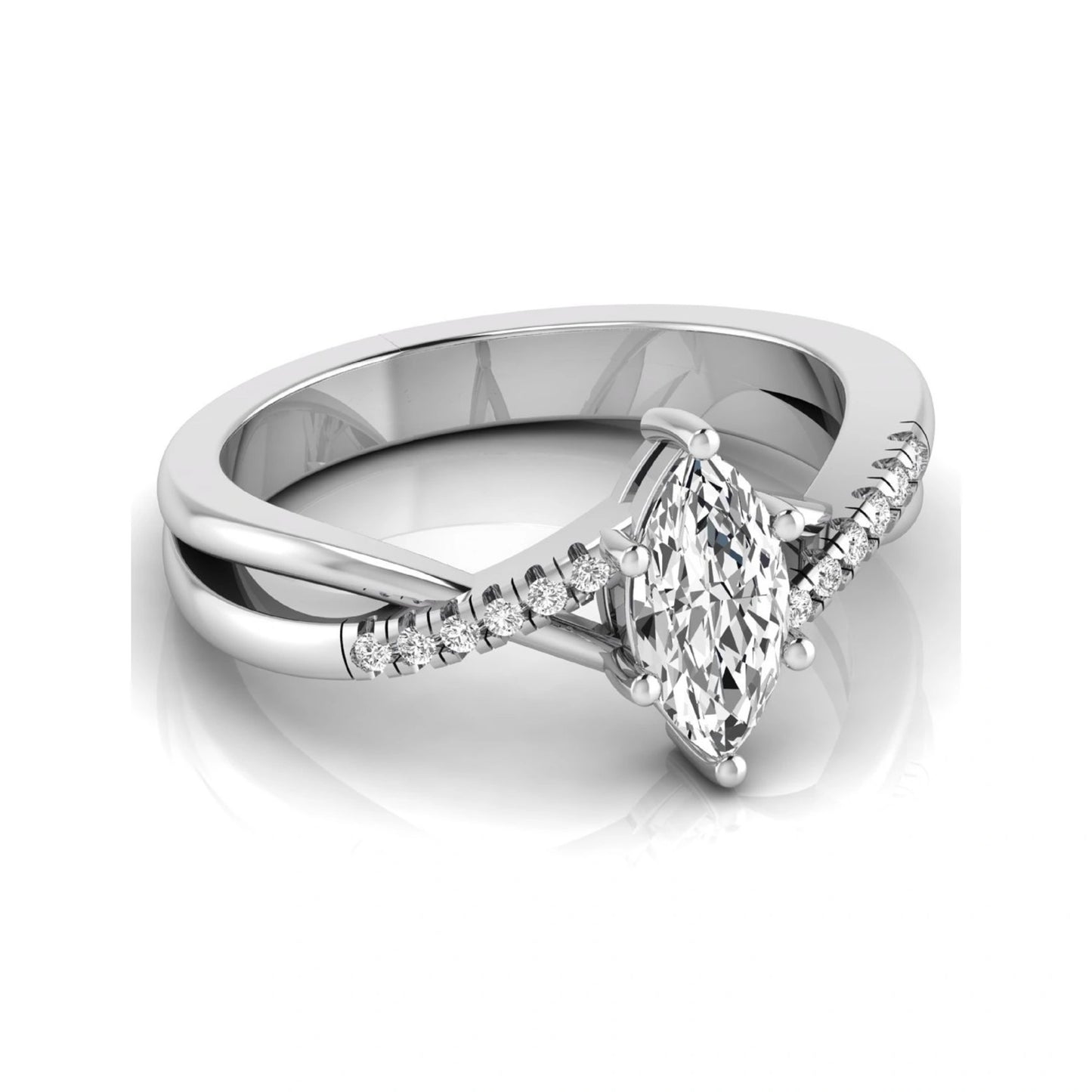 Marquise cut lab grown diamond bypass split shank engagement ring featuring a 0.95 carat IGI certified center diamond with pavé round side diamonds in white gold.