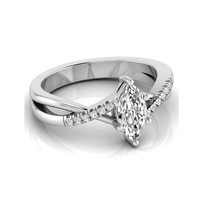 Marquise cut lab grown diamond bypass split shank engagement ring featuring a 0.95 carat IGI certified center diamond with pavé round side diamonds in white gold.