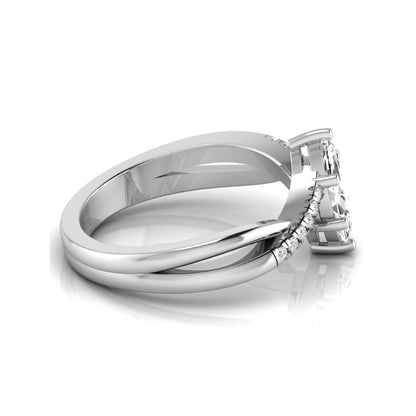Marquise cut lab grown diamond bypass split shank engagement ring featuring a 0.95 carat IGI certified center diamond with pavé round side diamonds in white gold.