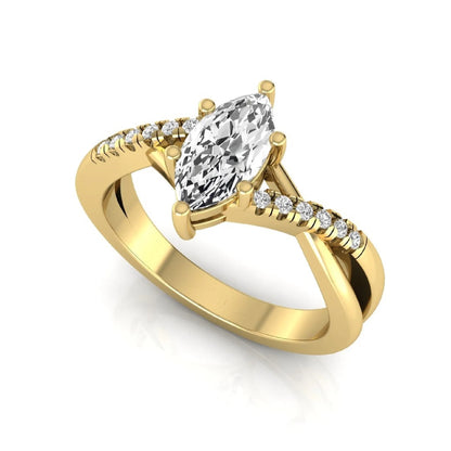 Marquise cut lab grown diamond bypass split shank engagement ring featuring a 0.95 carat IGI certified center diamond with pavé round side diamonds in yellow gold.