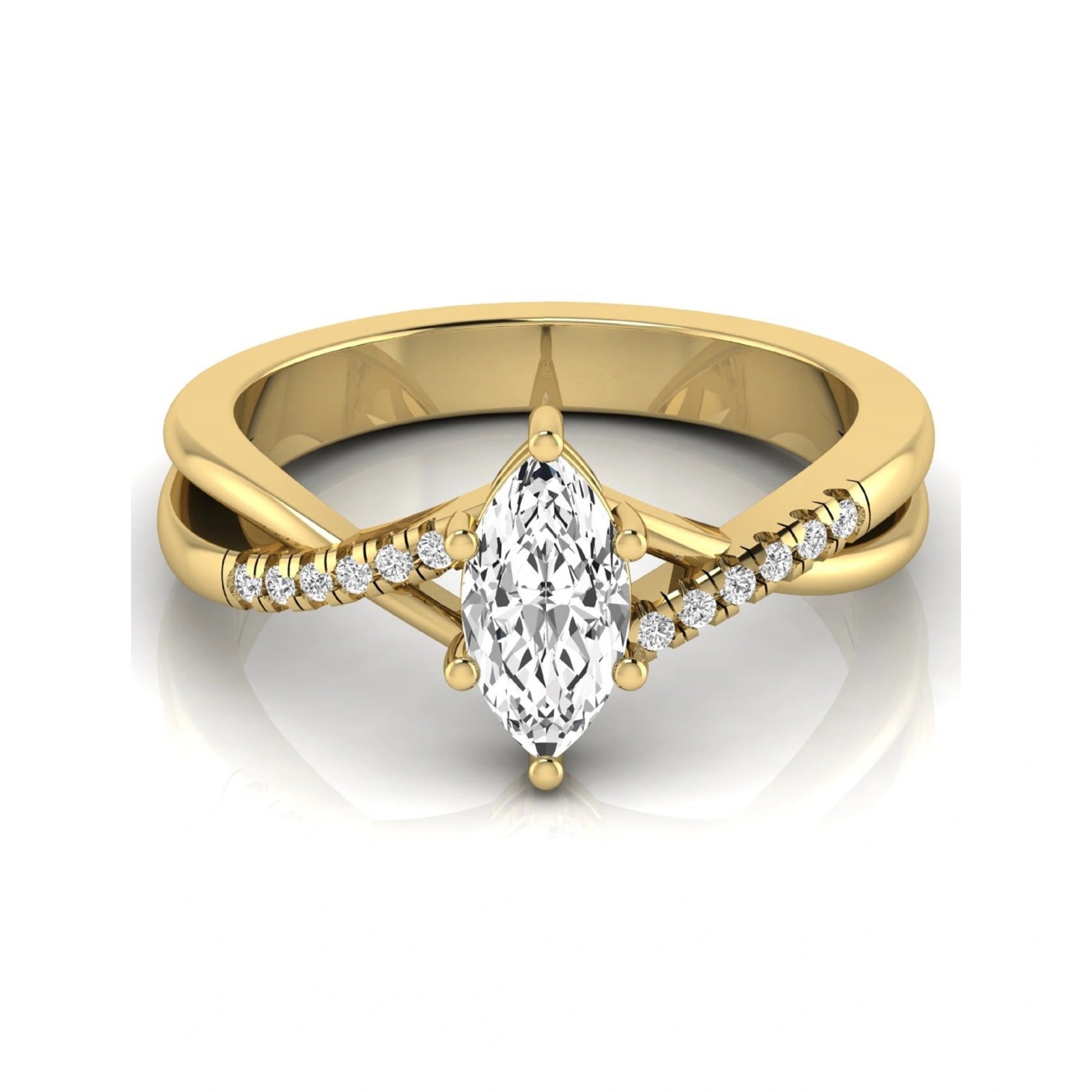 Marquise cut lab grown diamond bypass split shank engagement ring featuring a 0.95 carat IGI certified center diamond with pavé round side diamonds in yellow gold.