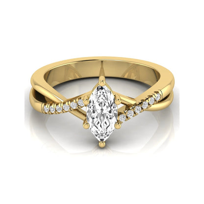 Marquise cut lab grown diamond bypass split shank engagement ring featuring a 0.95 carat IGI certified center diamond with pavé round side diamonds in yellow gold.