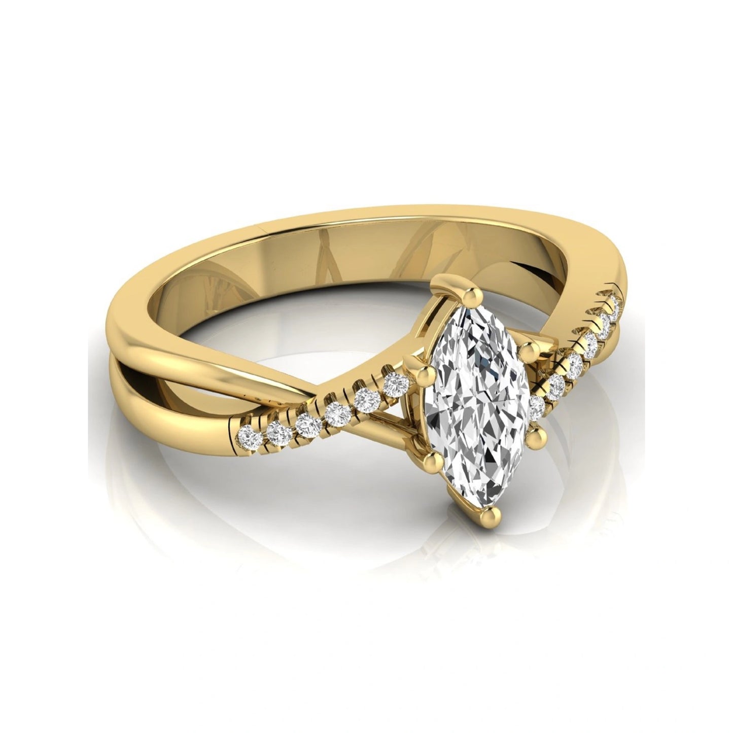 Marquise cut lab grown diamond bypass split shank engagement ring featuring a 0.95 carat IGI certified center diamond with pavé round side diamonds in yellow gold.