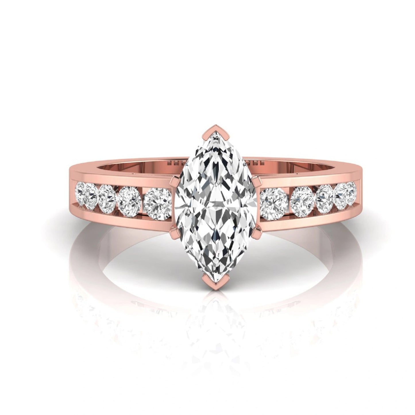 Marquise cut lab grown diamond engagement ring featuring a 0.95 carat IGI certified center diamond with channel set round side diamonds in rose gold.