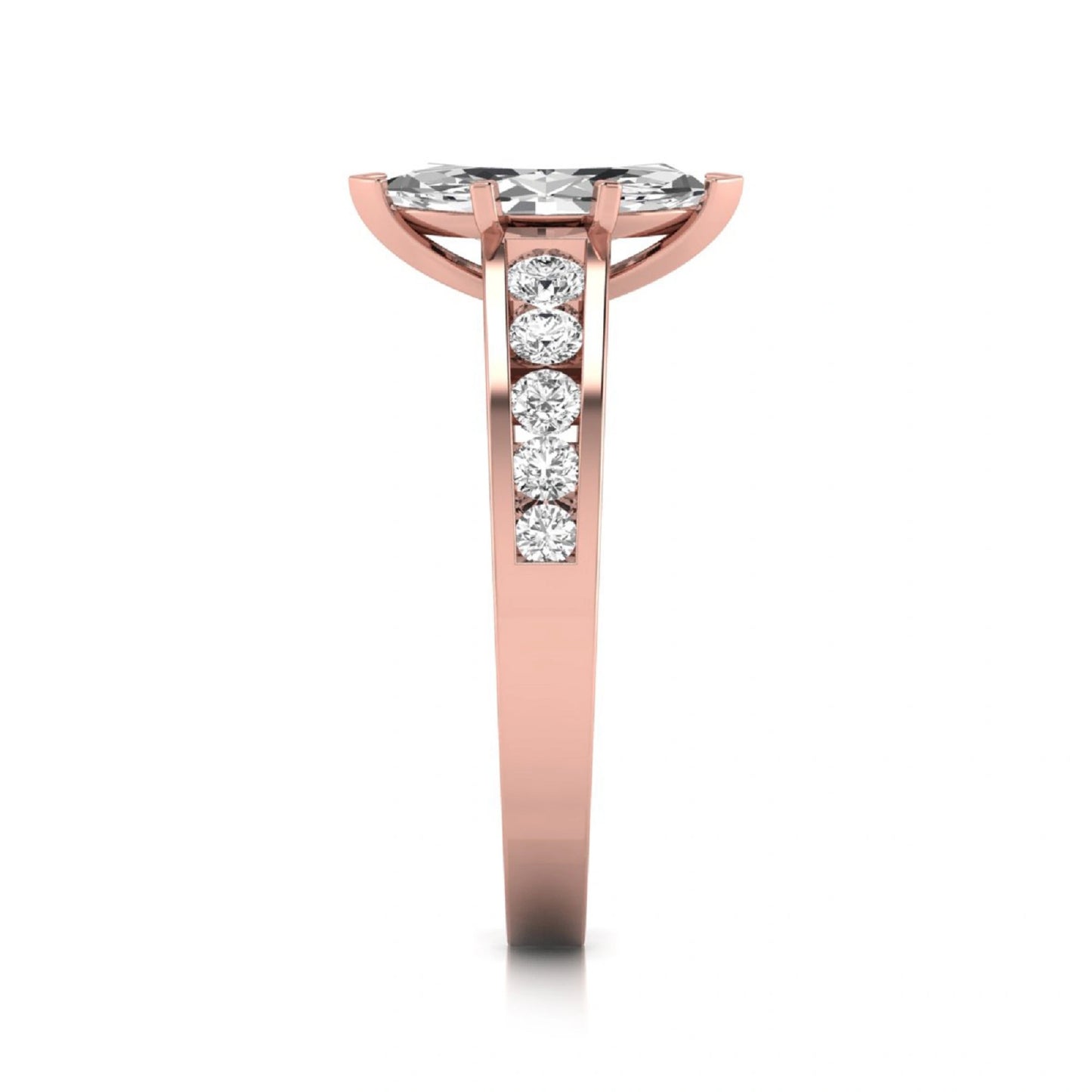 Marquise cut lab grown diamond engagement ring featuring a 0.95 carat IGI certified center diamond with channel set round side diamonds in rose gold.