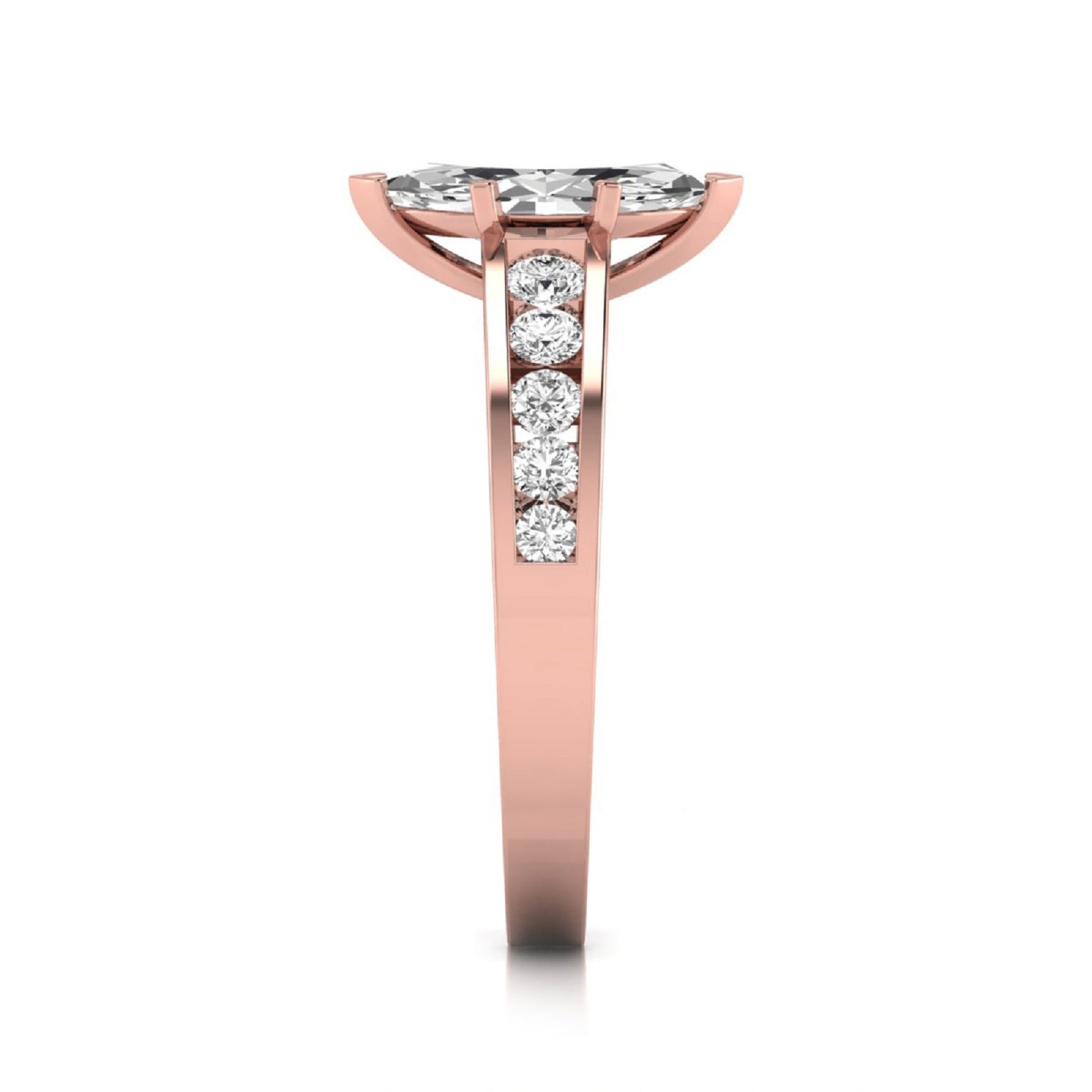 Marquise cut lab grown diamond engagement ring featuring a 0.95 carat IGI certified center diamond with channel set round side diamonds in rose gold.