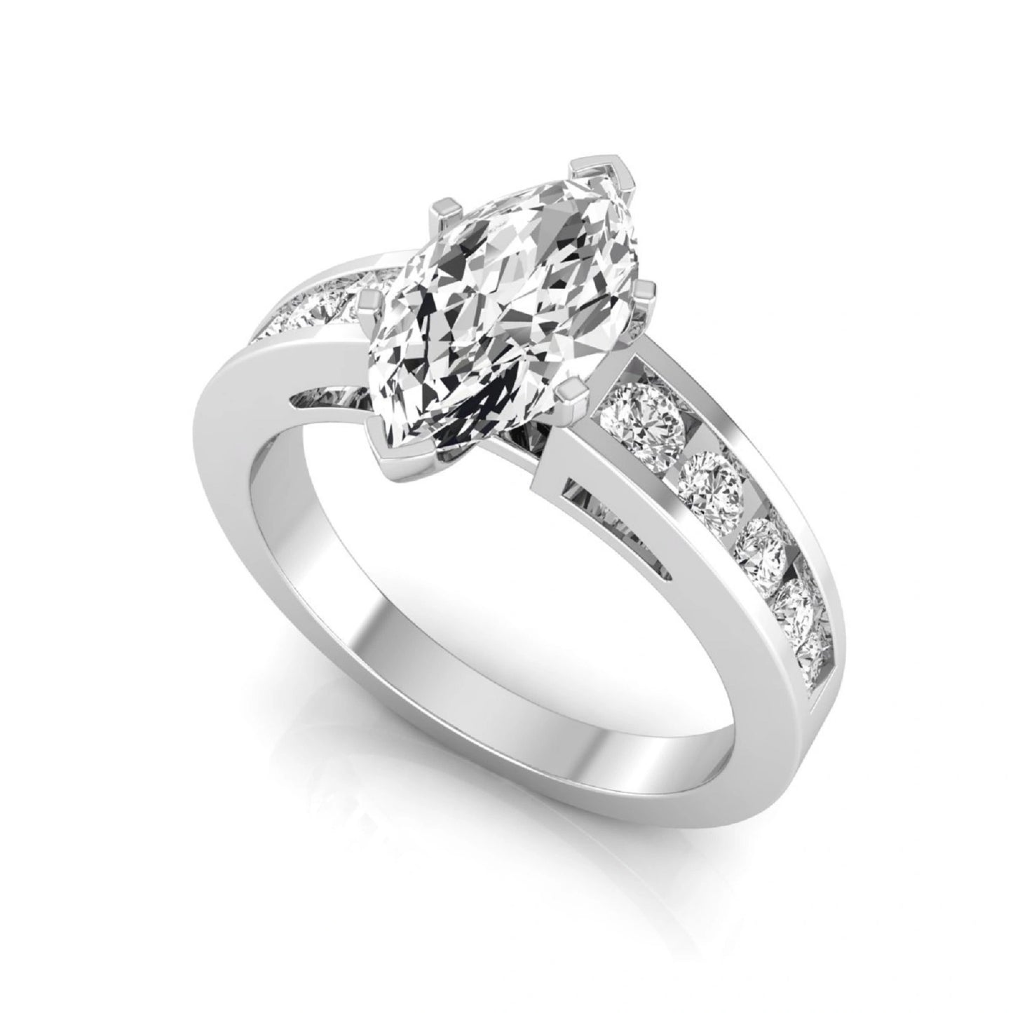 Marquise cut lab grown diamond engagement ring featuring a 0.95 carat IGI certified center diamond with channel set round side diamonds in white gold.
