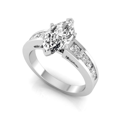 Marquise cut lab grown diamond engagement ring featuring a 0.95 carat IGI certified center diamond with channel set round side diamonds in white gold.