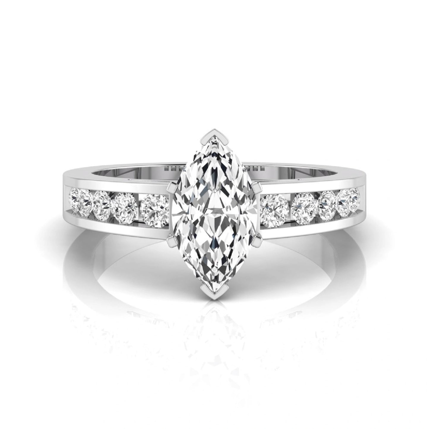 Marquise cut lab grown diamond engagement ring featuring a 0.95 carat IGI certified center diamond with channel set round side diamonds in white gold.