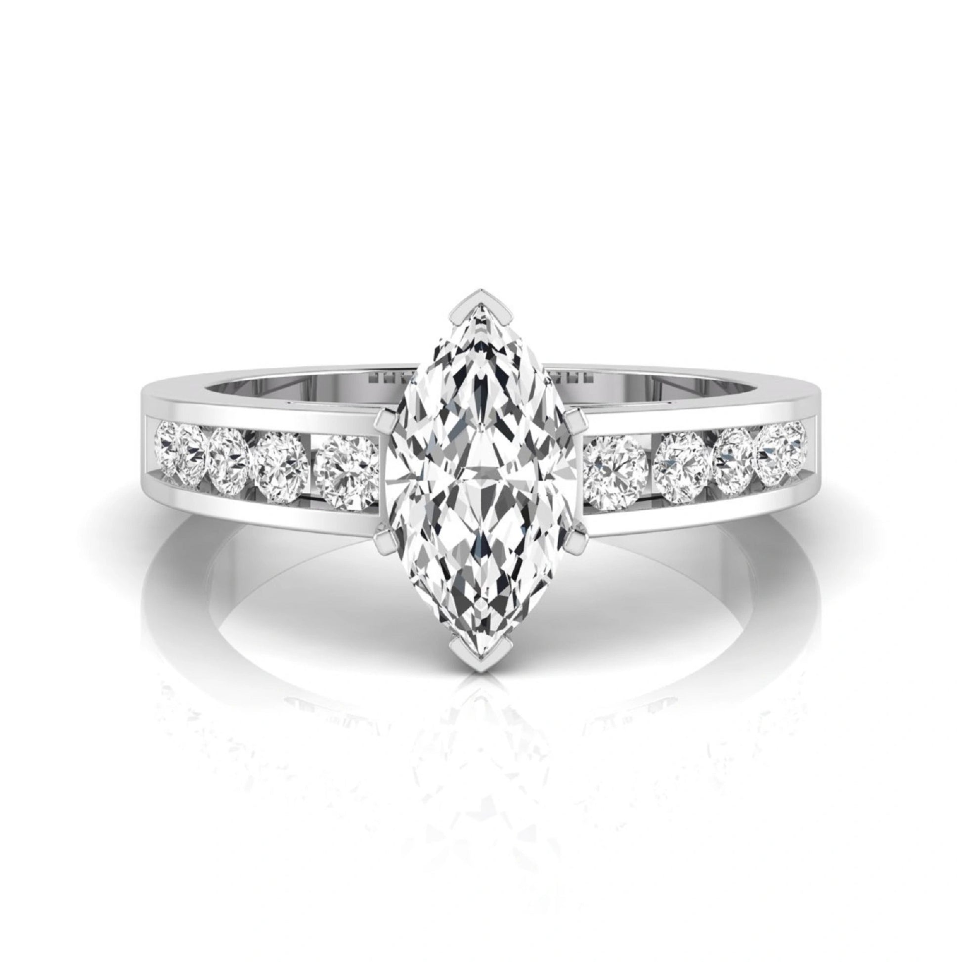Marquise cut lab grown diamond engagement ring featuring a 0.95 carat IGI certified center diamond with channel set round side diamonds in white gold.