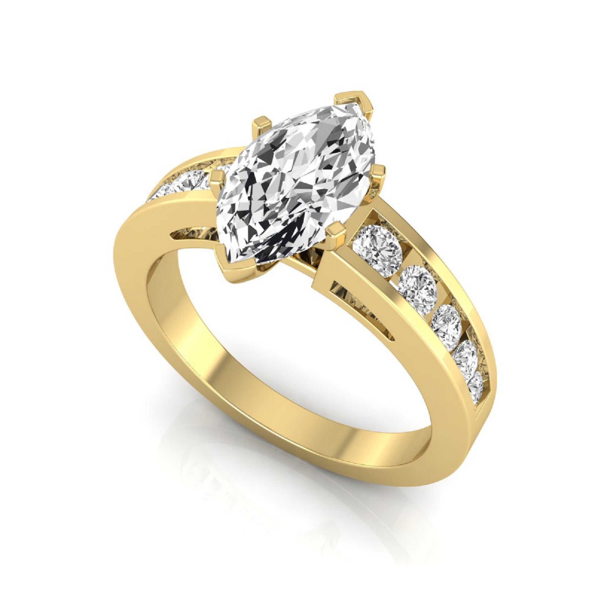 Marquise cut lab grown diamond engagement ring featuring a 0.95 carat IGI certified center diamond with channel set round side diamonds in yellow gold.