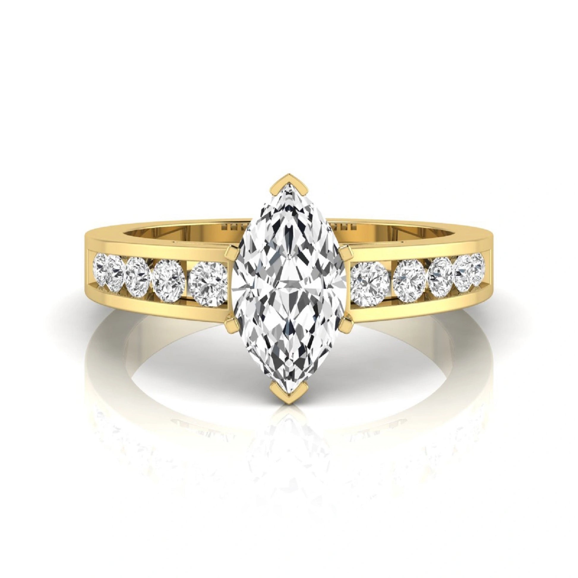 Marquise cut lab grown diamond engagement ring featuring a 0.95 carat IGI certified center diamond with channel set round side diamonds in yellow gold.