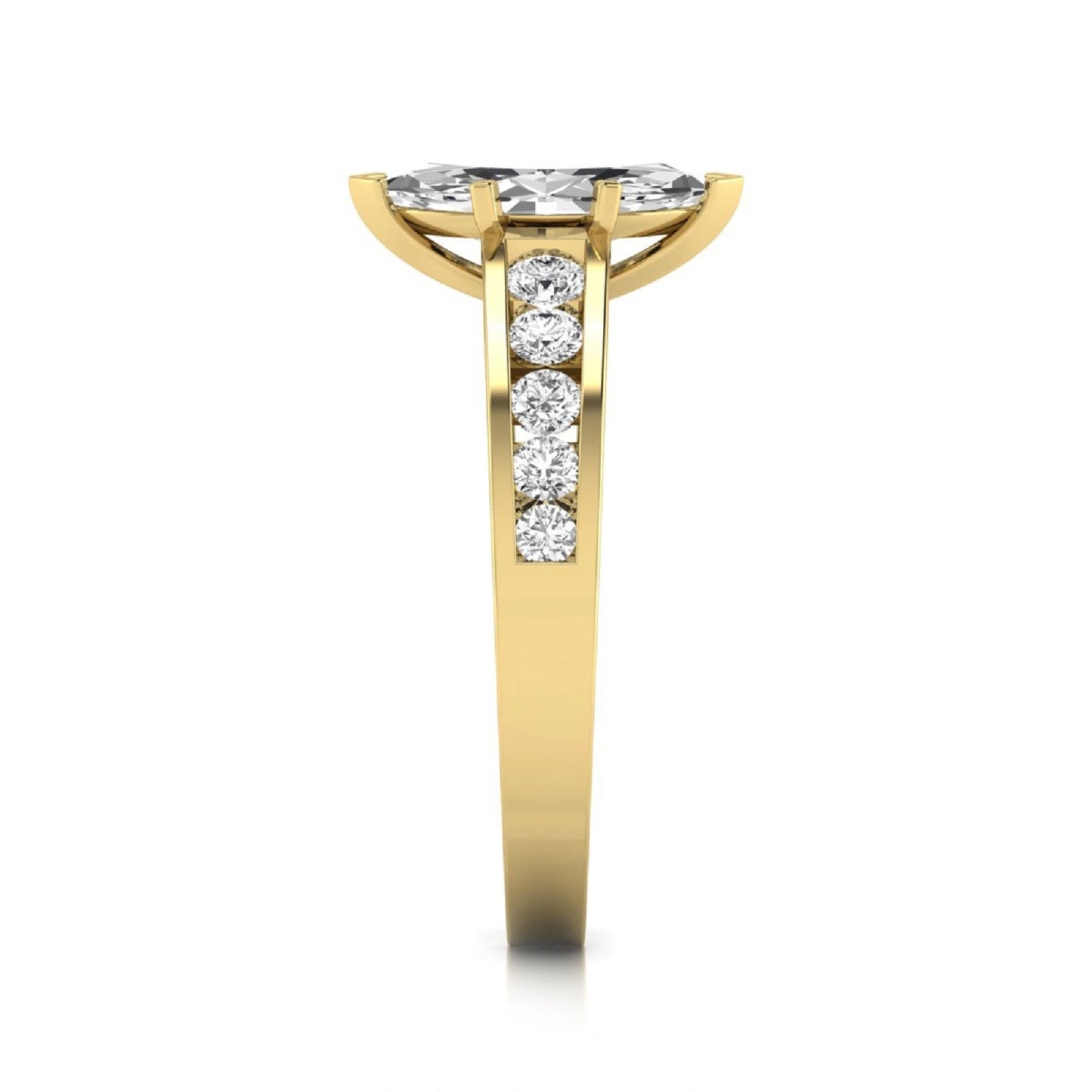 Marquise cut lab grown diamond engagement ring featuring a 0.95 carat IGI certified center diamond with channel set round side diamonds in yellow gold.