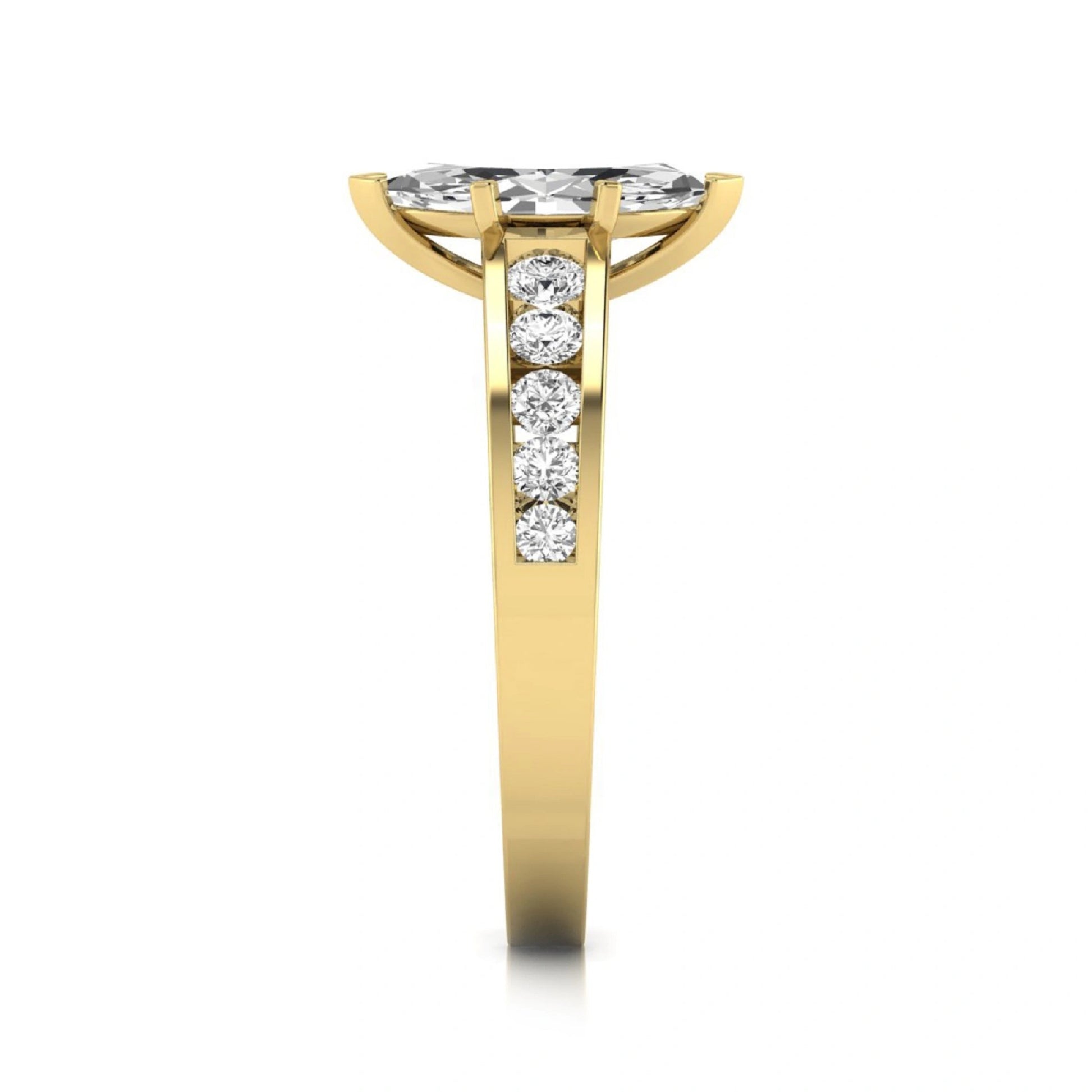 Marquise cut lab grown diamond engagement ring featuring a 0.95 carat IGI certified center diamond with channel set round side diamonds in yellow gold.
