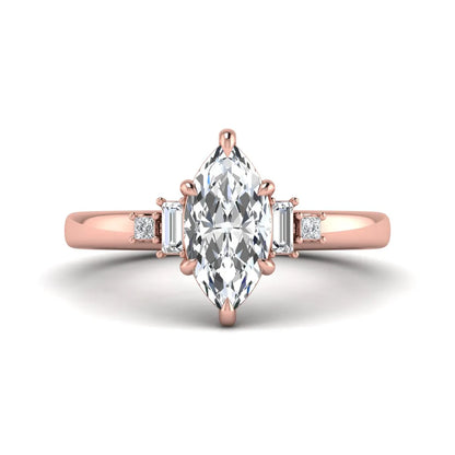 IGI certified marquise cut lab grown diamond five stone engagement ring with baguette and princess cut side diamonds in rose gold.