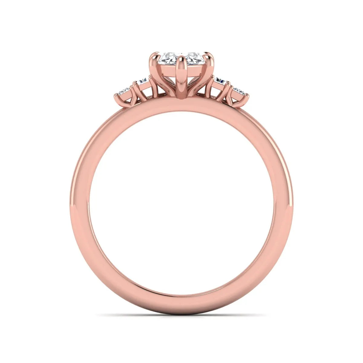 IGI certified marquise cut lab grown diamond five stone engagement ring with baguette and princess cut side diamonds in rose gold.