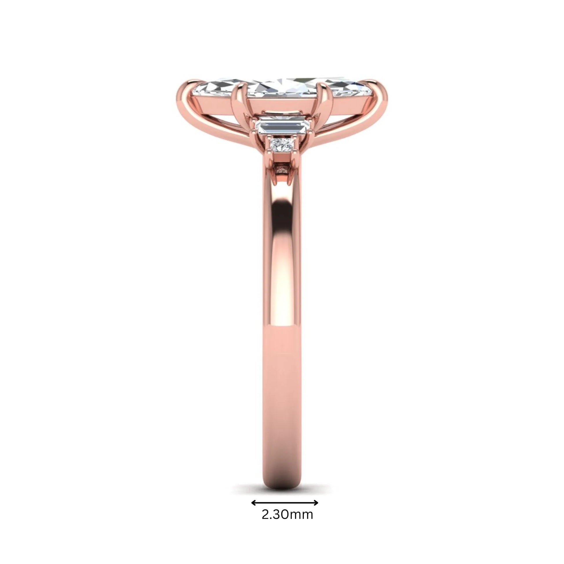IGI certified marquise cut lab grown diamond five stone engagement ring with baguette and princess cut side diamonds in rose gold.