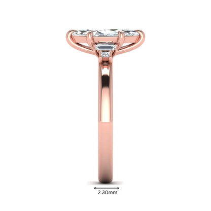 IGI certified marquise cut lab grown diamond five stone engagement ring with baguette and princess cut side diamonds in rose gold.