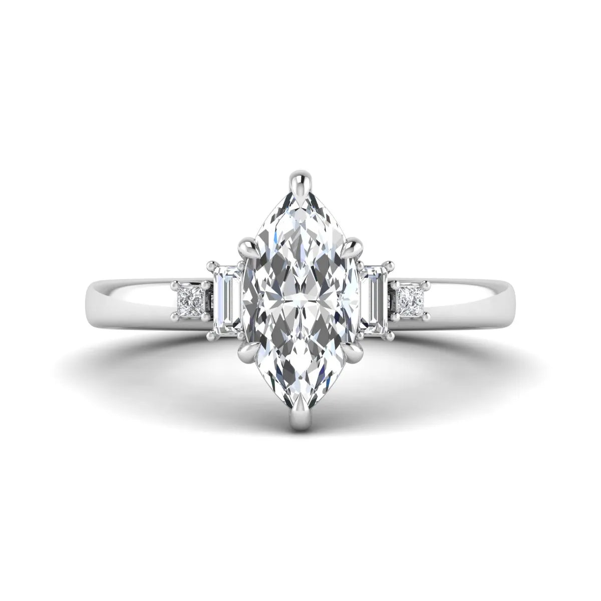 IGI certified marquise cut lab grown diamond five stone engagement ring with baguette and princess cut side diamonds in white gold.