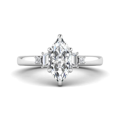 IGI certified marquise cut lab grown diamond five stone engagement ring with baguette and princess cut side diamonds in white gold.